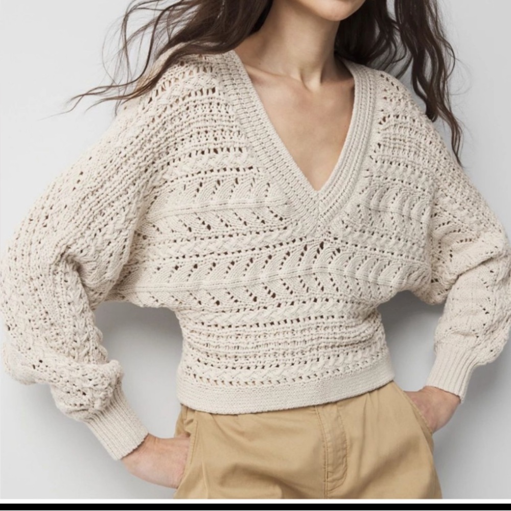 White House Black Market Women’s Chunky Knit Cream Dolman Deep V Neck Sweater S